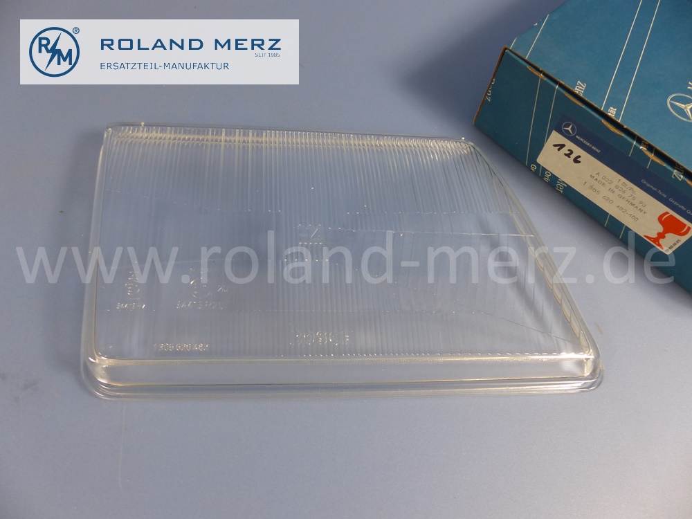 0028267590 Bosch Lichtscheibe, Abdeckglas Scheinwerfer rechts, Leuchtweitenregulierung, Rechtsverkehr, Mercedes W126 S-Klasse, Original Mercedes Neuteil, NOS 