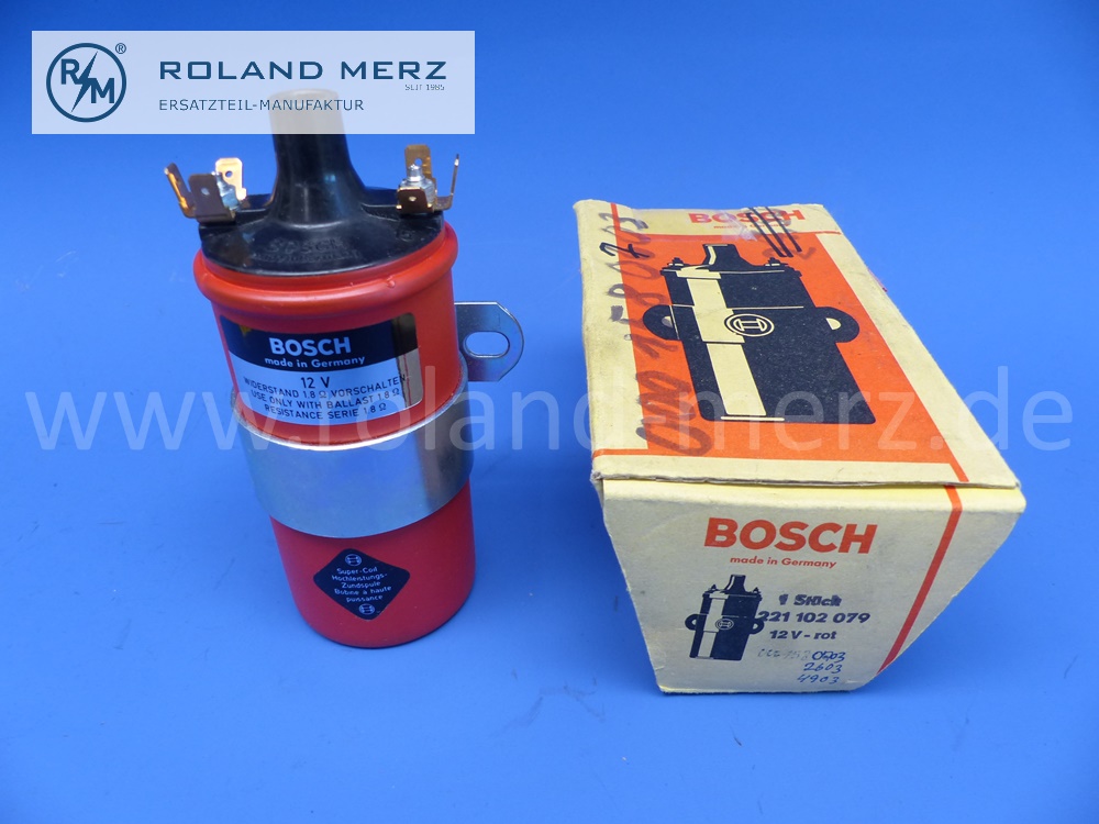 0221102079 Bosch Zündspule, Hochleistungszündspule, rot, Mercedes 300SL, W198, 0001580703, deutsche Produktion, Original Bosch Neuteil, NOS