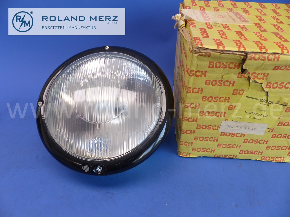 0008201561 Scheinwerfer Bosch, symmetrisch, komplett mit schwarzem Ring für Mercedes 220, 220AC, 220BC und Ponton 180, 190 und 220S, frühe Ausführung bis 1957, 0300804010, Mercedes – Bosch Originatleil, NOS 