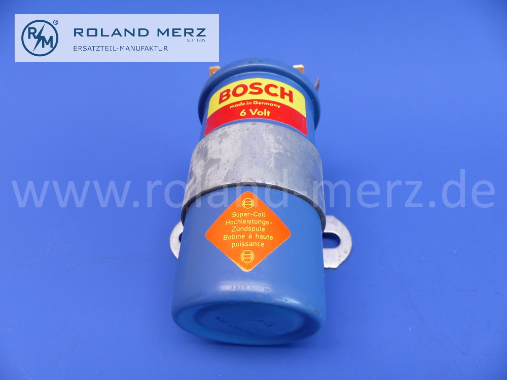 0221124001 Bosch Zündspule K 6V, 6 Volt, für Porsche 356 B 1600 Super 75 und Super 90 blaue Hochleistungszündspule aus deutscher Produktion, Original Bosch Neuteil, NOS 