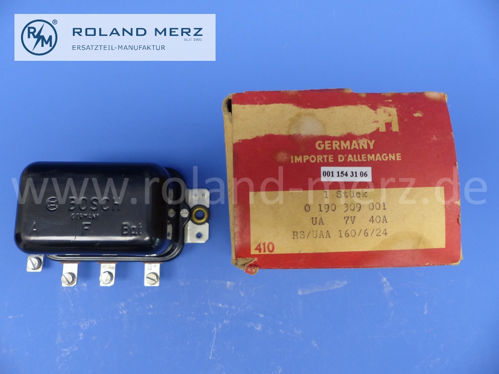 0190309001 Regler, Generatorregler DC, Bosch, 6 Volt (UA 7V 40 A) Porsche 356A 1.3 Super, 356A 1.6, 356A 1.6, Super bis 12. 1959 und Mercedes Ponton 180, M136.925, MB 0011543106 / 0001545406, Original Bosch Neuteil, NOS 