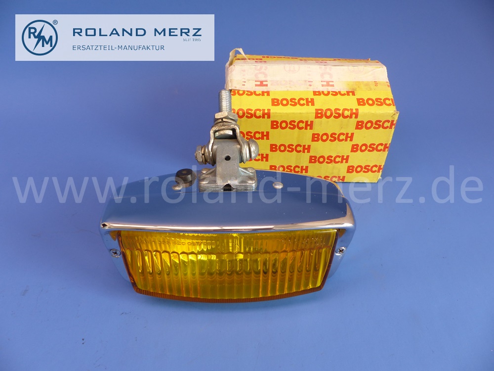 0305355006 Bosch fog lamp, overall chrome plated, LE/NE150/7, suspended shoring, light emission 145 x 70mm, with halogen bulb, yellow glass, original Bosch spare part, NOS (minor storage damages)