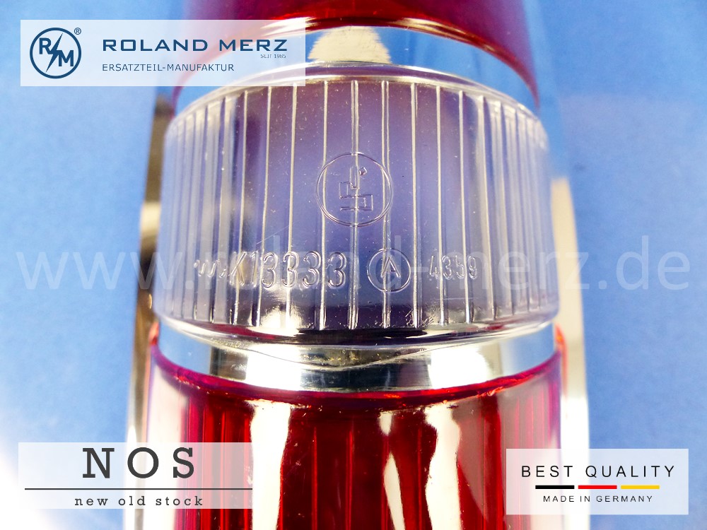 120 826 00 52 Rücklichtdeckel Originalausführung in Metall rot-weiß-rot für Mercedes 180b,c, Db, Dc, 190b, Db