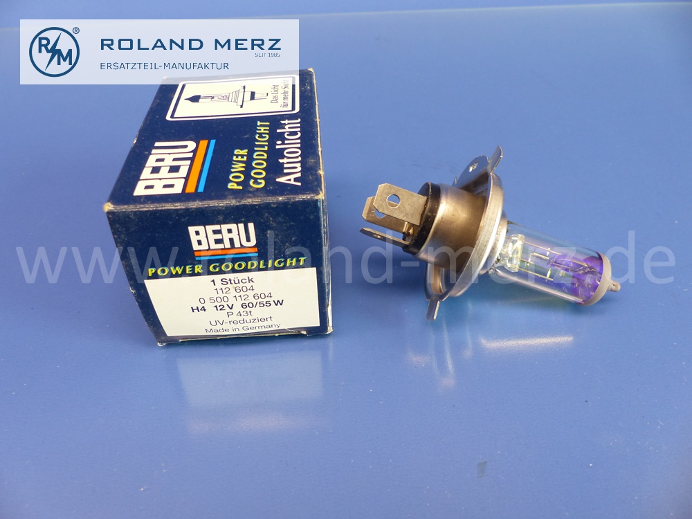 112604 Glühlampe H4, Abblendlicht, 12V, 65/55W, P43t, Beru 0500112604, UV reduziert, Original BERU Neuteil, NOS 
