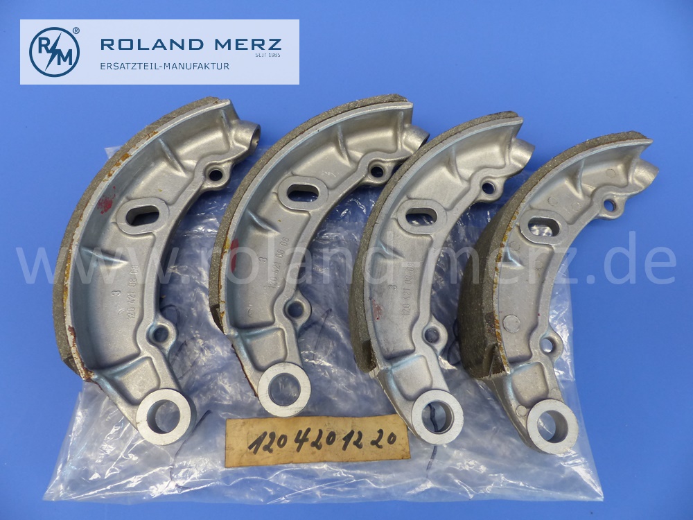 1204201220 Satz Bremsbacken (4 Stück), ALU 50mm breit, Vorderachse, durchgehender Belag, Mercedes W120, W121, 180, 180a, 180D, 190, 190D, Original Mercedes Neuteil, NOS 