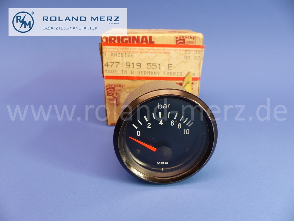 477919551E Porsche Öldruck Manometer, Öldruckmanometer, VDO für Porsche 924 2,0, 1976 – 1985, VDO Nr. 350.271/2/33, Original Porsche Neuteil, NOS, (kleine Lagerspuren)