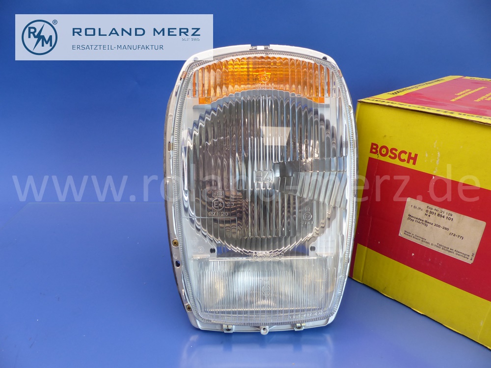 0301854101 Scheinwerfer Rechtsverkehr, Halogen H4, Mercedes W114, W115, Strich 8, E:1158206361, Original Bosch Neuteil, NOS 