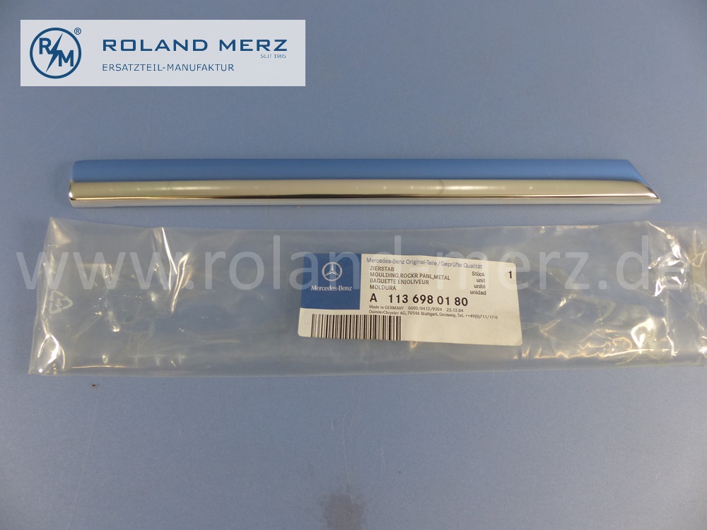 1136980180 Zierstab, Zierleiste, links, zwischen Vorderrad und Tür, Mercedes W113, Pagode, 230SL, 250SL, 280SL, Länge 295mm, Original Mercedes Neuteil, NOS