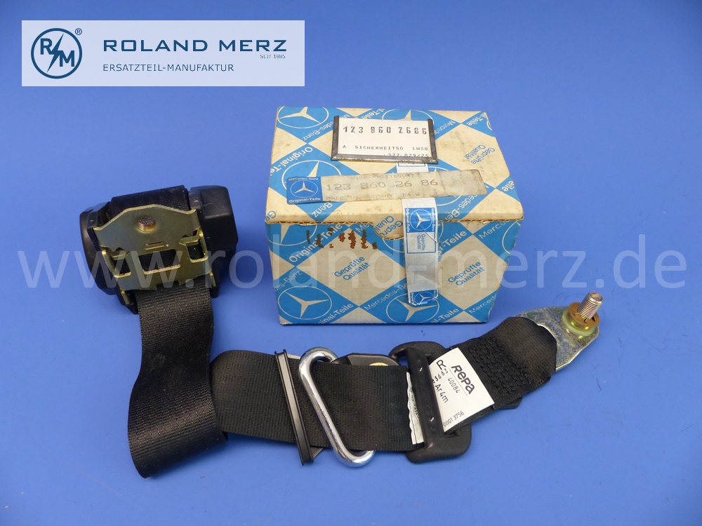 1238602686 seat belt Mercedes W123, various models, SA 56.277, SA 56.655, front seat right, less lock, original Mercedes spare part, NOS