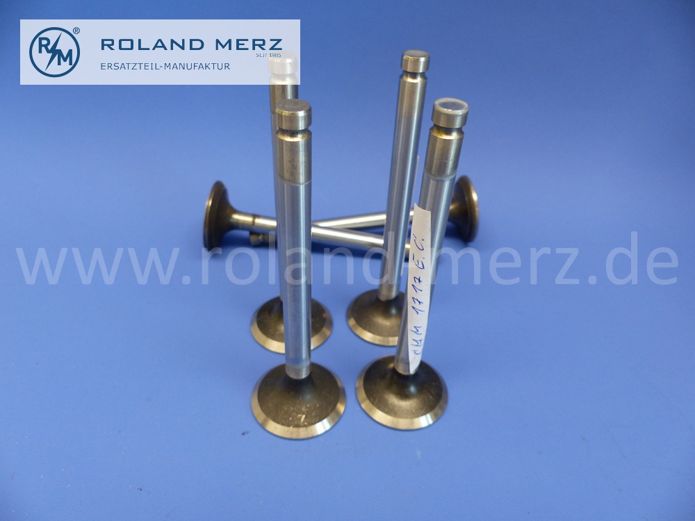 CAM 1717 E. C. Satz, 4 St. Auslassventil Austin 60KW, Länge 110,3 mm, Ventilschaft 8,69 mm, Ventilteller 34,2mm, Chrom-Mangan-Nickelstahl, Original Mercedes NOS Bestand