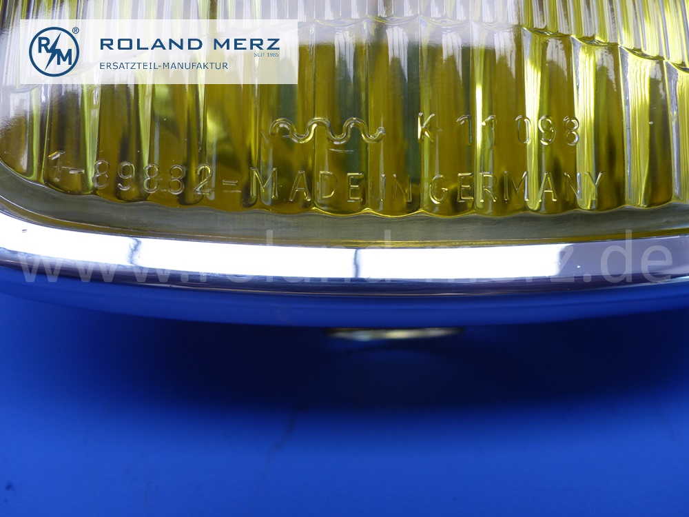 127ZNEX Nebelscheinwerfereinsatz komplett, Hella, 35 W, gelb, Glas K 11 098, 123 x 70 mm, Chromrahmen, Reflektor, für VW, Mercedes, Porsche 356, original Hella Neuteil, NOS 