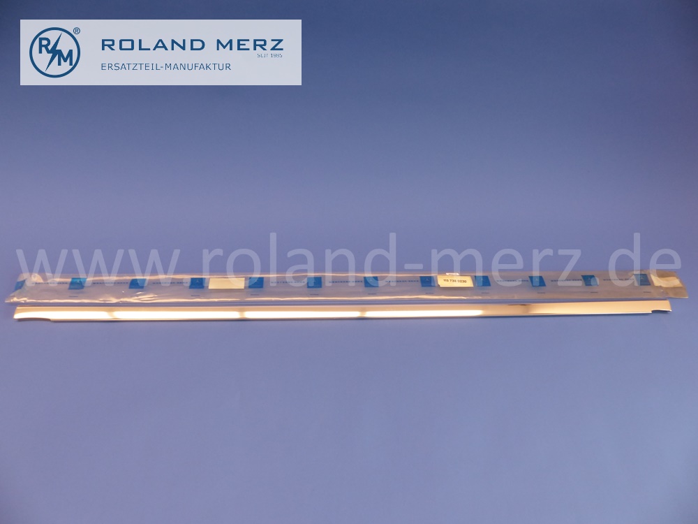 1157380230 Zierstab an Bordkante, rechts, Fondtür, Länge 940mm, Mercedes W114, W115, Strich 8, Original Mercedes Neuteil, NOS 