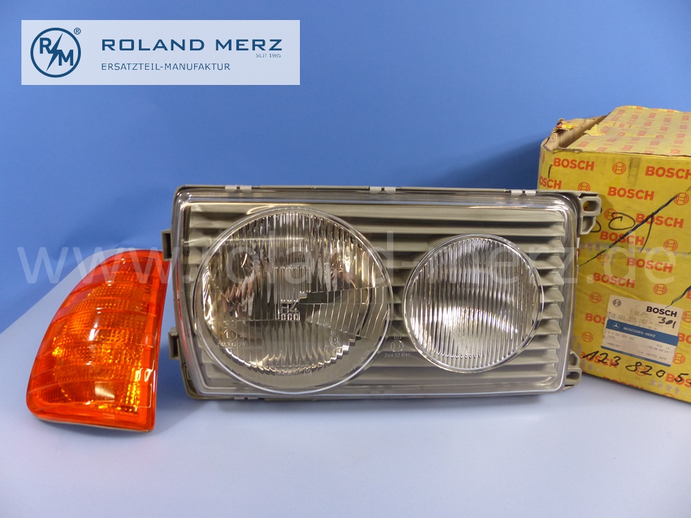 1238205261 Bosch Leuchteinheit, Scheinwerfer, mit Blinkleuchte, H4, rechts, Rechtsverkehr, Mercedes W123, Original Mercedes Neuteil, NOS 