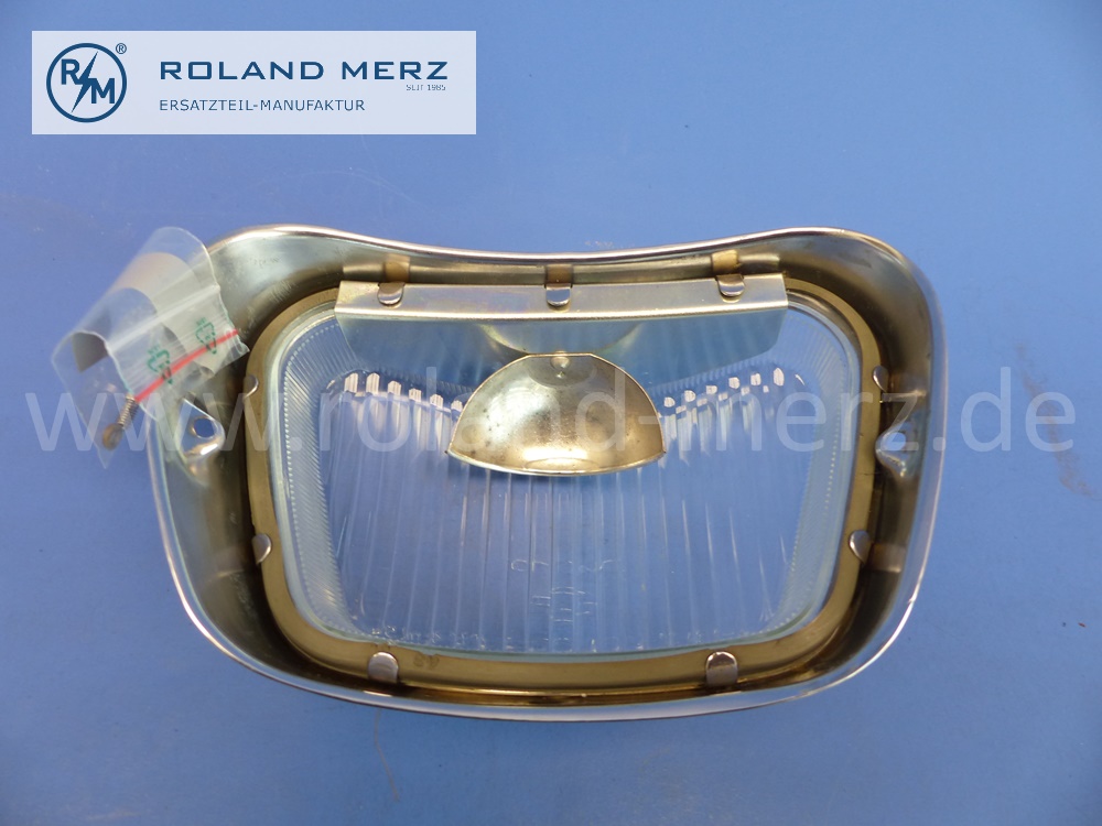 1108220790 Gehäuse Nebelscheinwerfer, Lampengehäuse links mit Glasscheibe und Dichtrahmen, Mercedes W110, 190c – 200D, Heckflosse, Original MB-Neuteil, NOS 