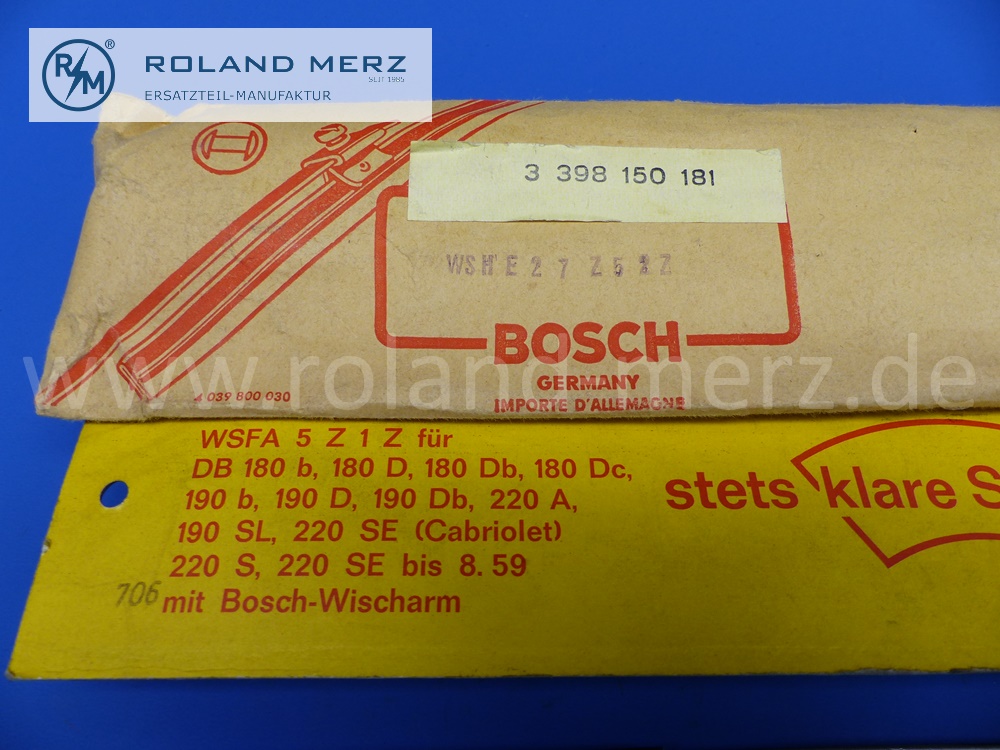 3398150181 Bosch Set Wischerarm mit Wischerblatt, Mercedes Ponton 180, 180a, 180b, 180c, 180Db, 180Dc, 190, 190b, 190D, 190Db, 220A, 190SL, 220S, 220SE bis 8. 59, Original Bosch Neuteil, NOS