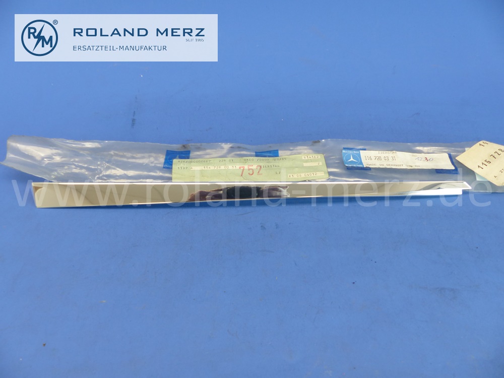 1167280331 Zierstab hinten links, Fahrertür, Mercedes W116, Länge 42,2cm, Original Mercedes Neuteil, NOS 