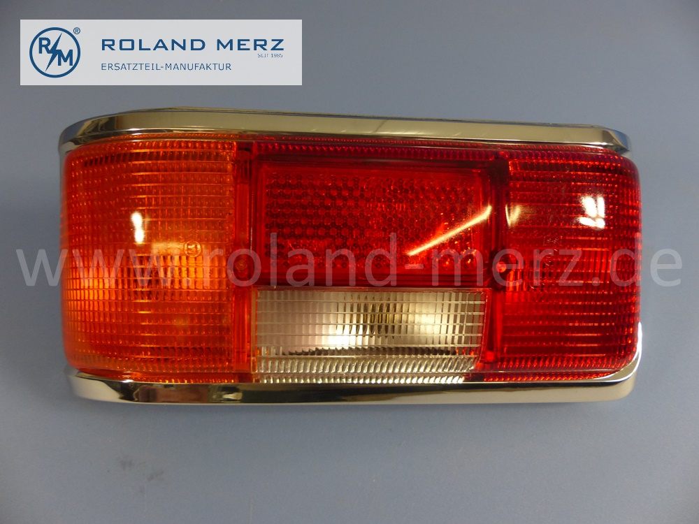 1158202564 Schlussleuchte, Heckleuchte, Rückleuchte, links, ältere Ausführung, mit Chromrahmen, Mercedes W114, W115, Strich 8, Original Mercedes Neuteil, NOS 