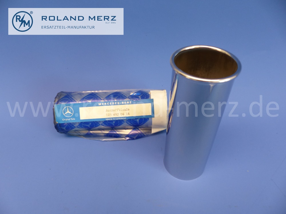 1234920614 Blende, Auspuffblende, Abgasendrohr, Mercedes W107, W114, W116, 280SL, 280SLC, 350SL, 350SLC, 450SL, 450SLC, 280S, 280SE, 280SEL, 350SE, 450SE, 450SEL, E. 1094920314, L. 130mm , Original Mercedes Neuteil, NOS 