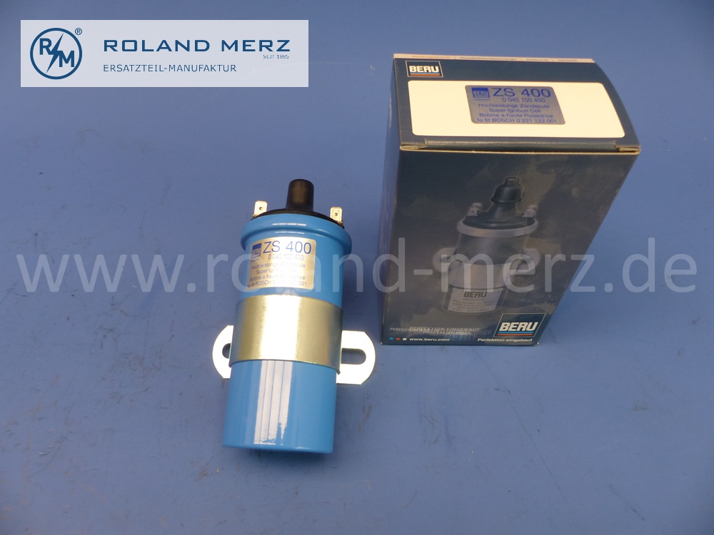 ZS400, ZS 400, Beru Zündspule, Vergleichsnummer Bosch 0221122001, Mercedes 0001582803, Porsche 92860250300, 90160250102, original Beru Neuteil, NOS aus deutscher Produktion