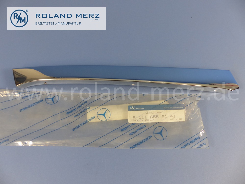 1116885141 Verkleidung seitlich aussen, Windschutzscheibe, links, Länge 440mm, Mercedes W111, W112, 220SEB, 280SE/C, 300SE/C, Cabriolet, Coupé, Original Mercedes Neuteil, NOS