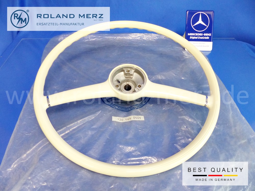 1204640501 2 spoke steering wheel, Mercedes original part, no reproduction, ivory, all Ponton models 180 – 220SE Cb,/Cp up to 1959, 300c Automatic und 300d up to VIN 1692 Automatic, original MB spare part, NOS