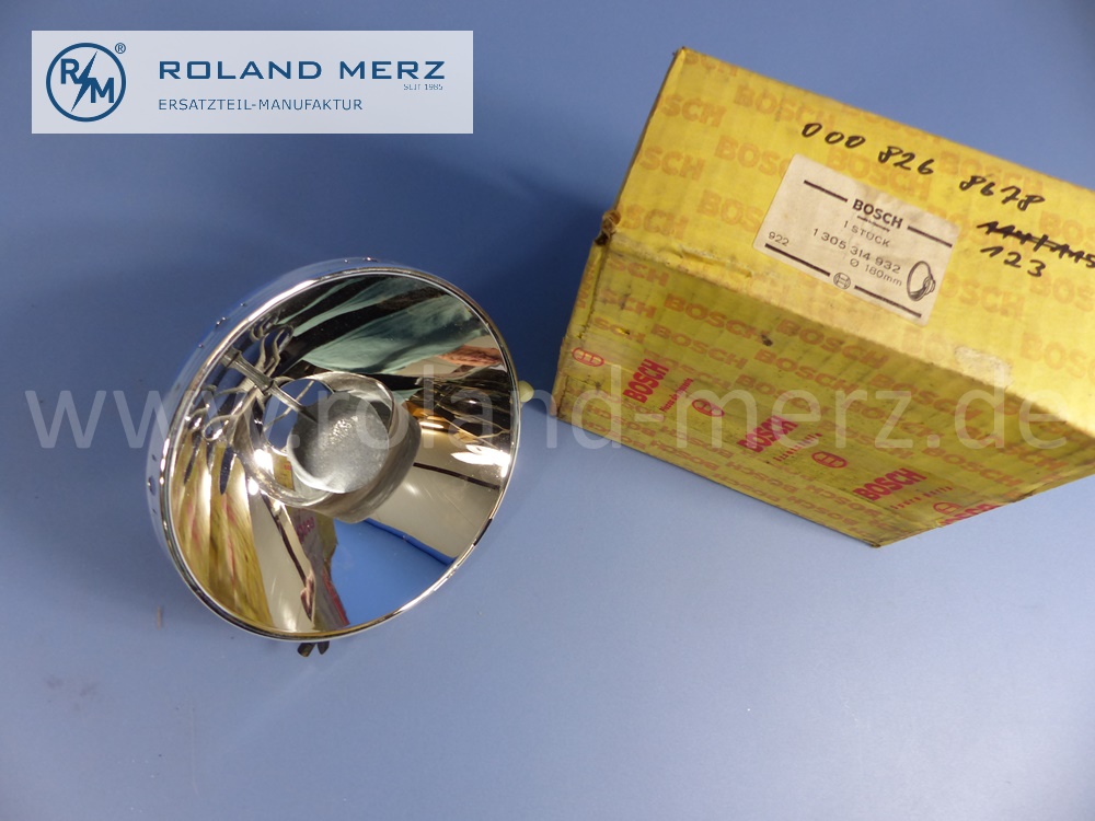0008268678 Bosch reflector head lamp, right, H4, right hand traffic, Mercedes W123, original Mercedes spare-part, NOS