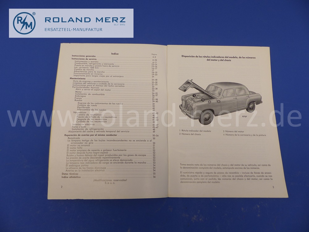 operating manual, spanish, Mercedes W120, 180Dc, Ponton, edition 1960, 56 pages, edition A, original Mercedes document, NOS 