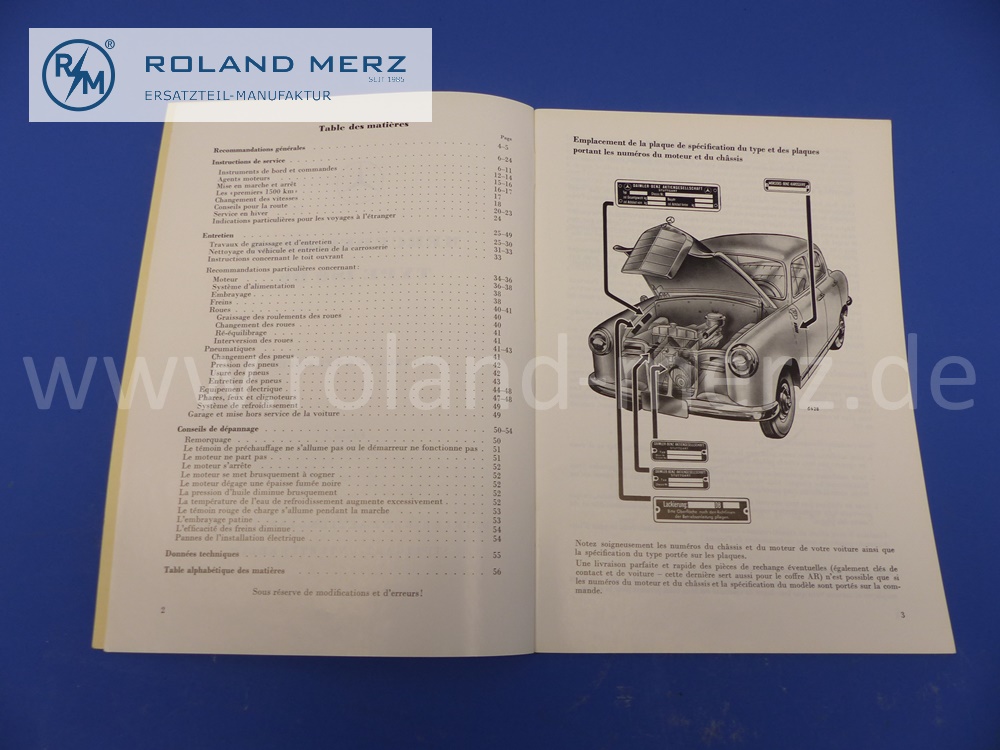 operating manual, french, Mercedes W120, Ponton, 180Db, edition 08/1959, 56 pages, edition A, original Mercedes document, NOS 