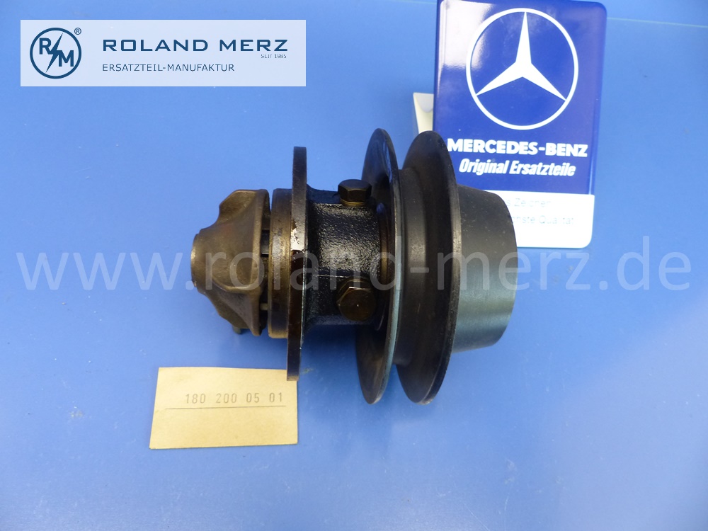 1802000501 Wasserpumpe Lagergehäuse, mit Riemenscheibe, 4-Loch Flansch, Wasserrad 60mm, Mercedes Motor M180, 180.920, W187, MB 220, Original Mercedes Neuteil, NOS
