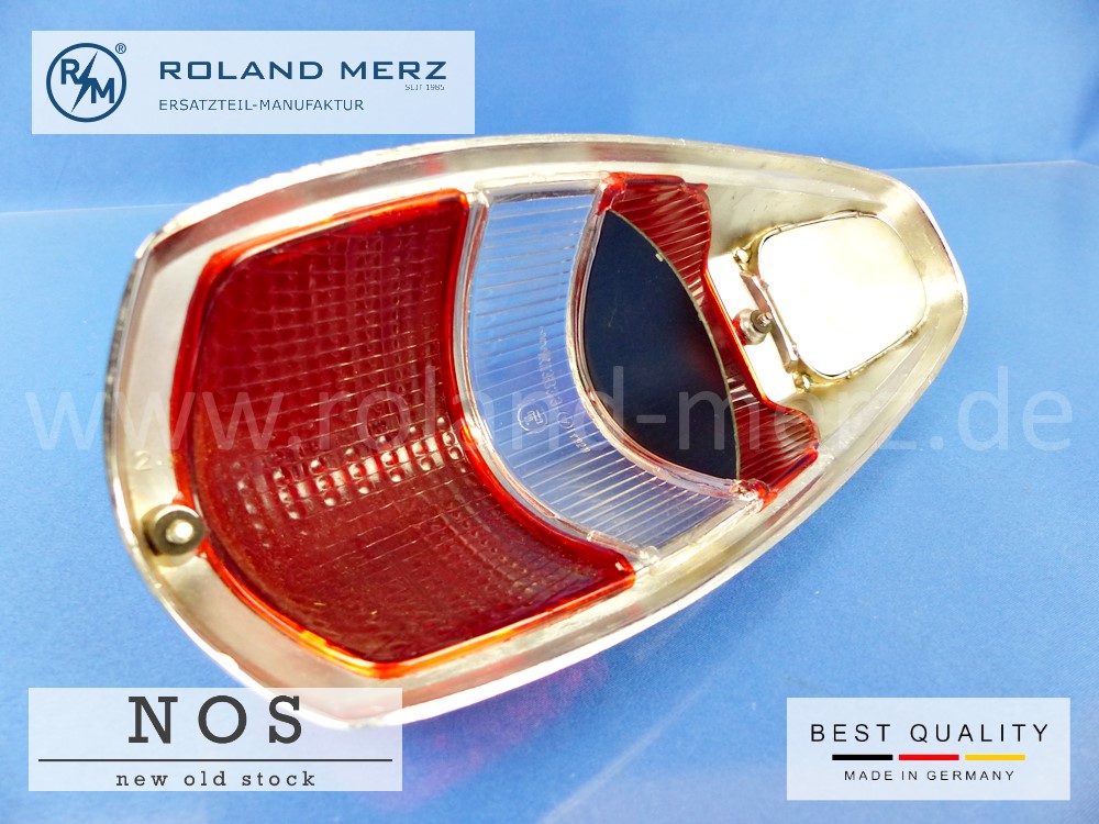 120 826 00 52 Rücklichtdeckel Originalausführung in Metall rot-weiß-rot für Mercedes 180b,c, Db, Dc, 190b, Db