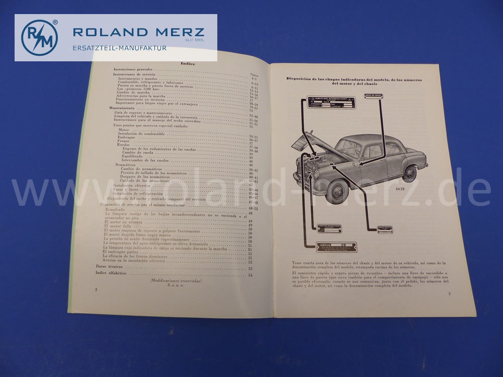 Betriebsanleitung spanisch Mercedes W121, 190Db, Ponton, Ausgabe 09/1958, Edition A, 54 Seiten, neuwertiges Mercedes Original Dokument, NOS