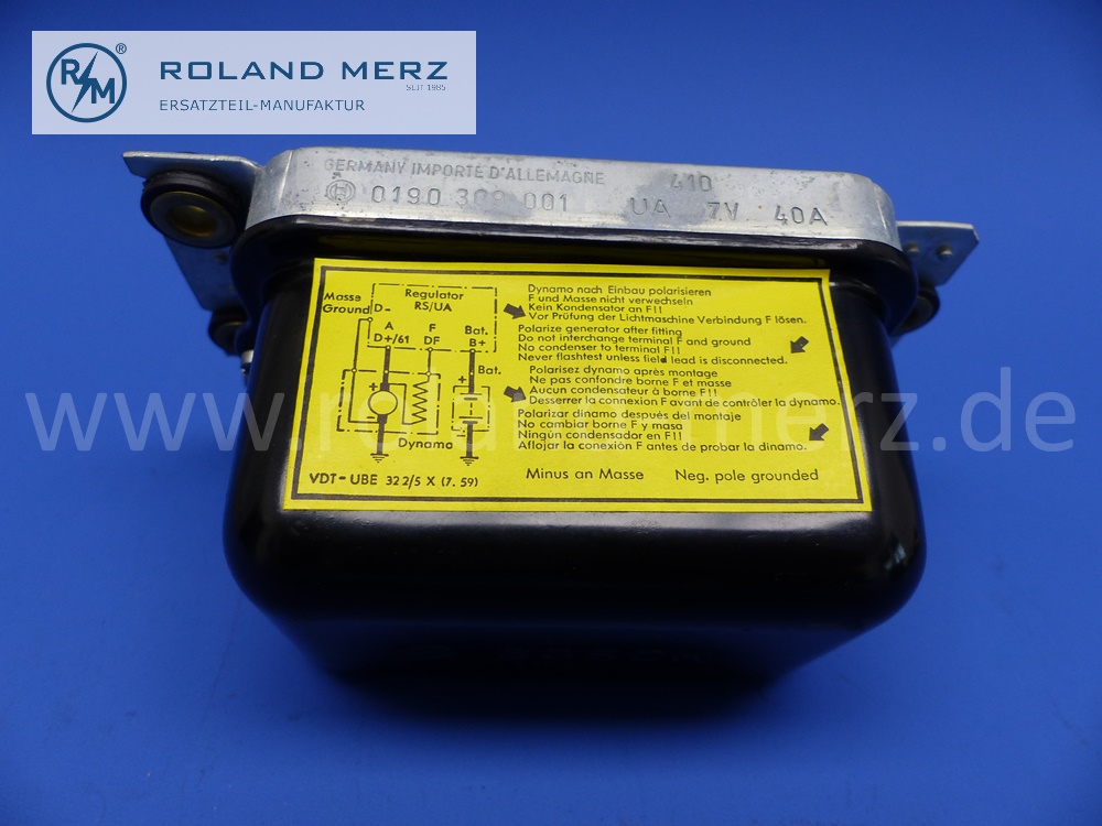 0190309001 Regler, Generatorregler DC, Bosch, 6 Volt (UA 7V 40 A) Porsche 356A 1.3 Super, 356A 1.6, 356A 1.6, Super bis 12. 1959 und Mercedes Ponton 180, M136.925, MB 0011543106 / 0001545406, Original Bosch Neuteil, NOS 
