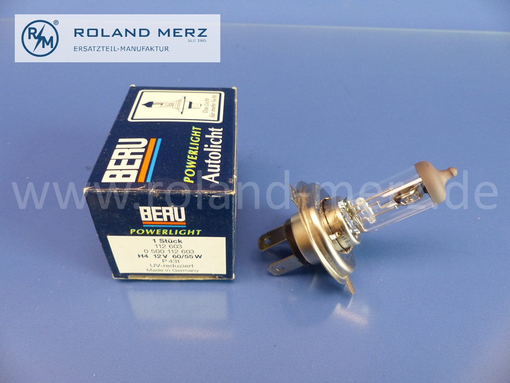 112603 Glühlampe H4, Abblendlicht, 12V, 60/55W, P43t, Beru 0500112603, UV reduziert, Original BERU Neuteil, NOS 