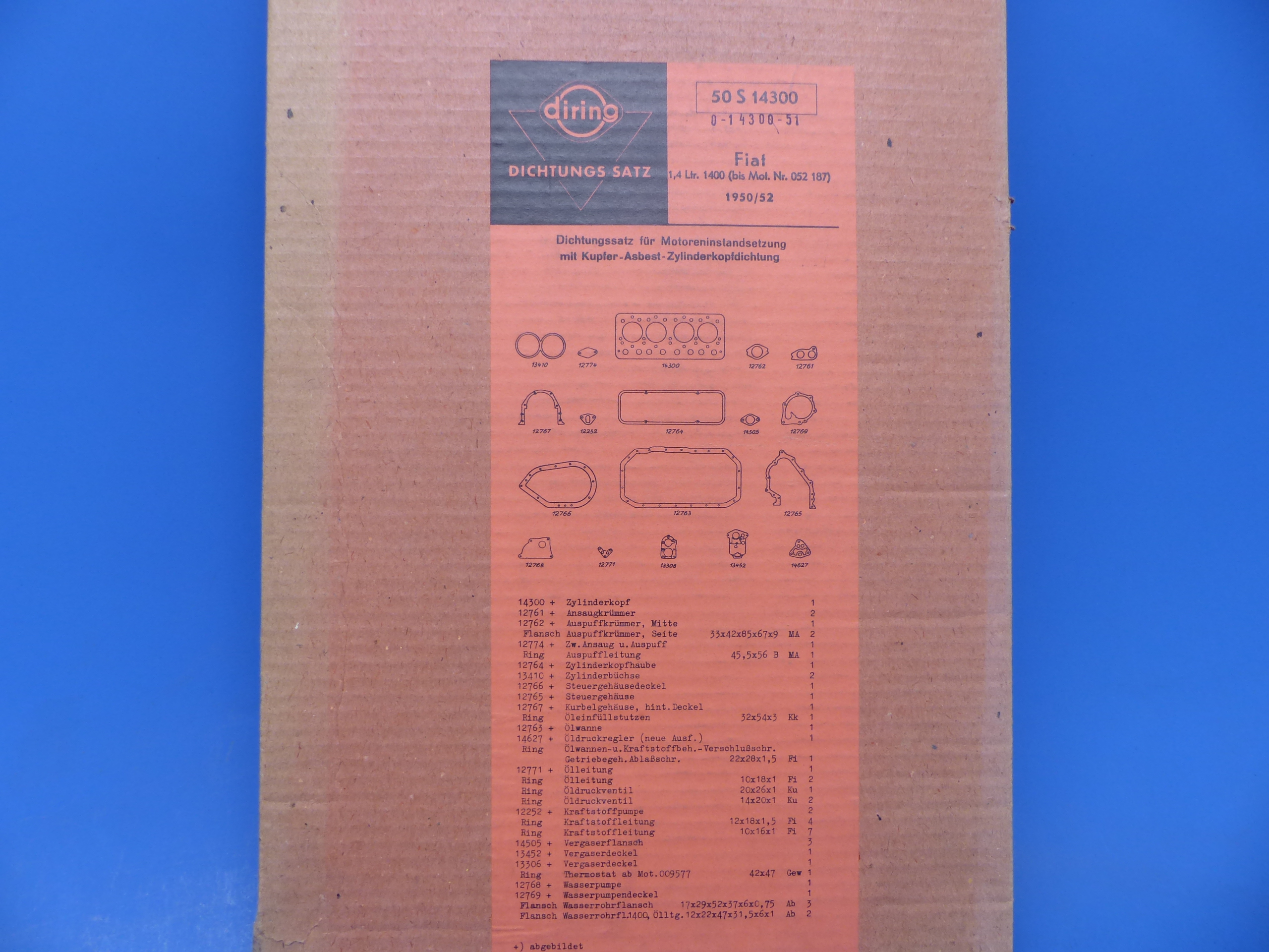50S14300 Dichtungssatz, Dichtsatz Motor, Fiat, 1,4 ltr. 1400, 1950 / 1952, bis Motornummer 052187, original Elring Neuteil, NOS