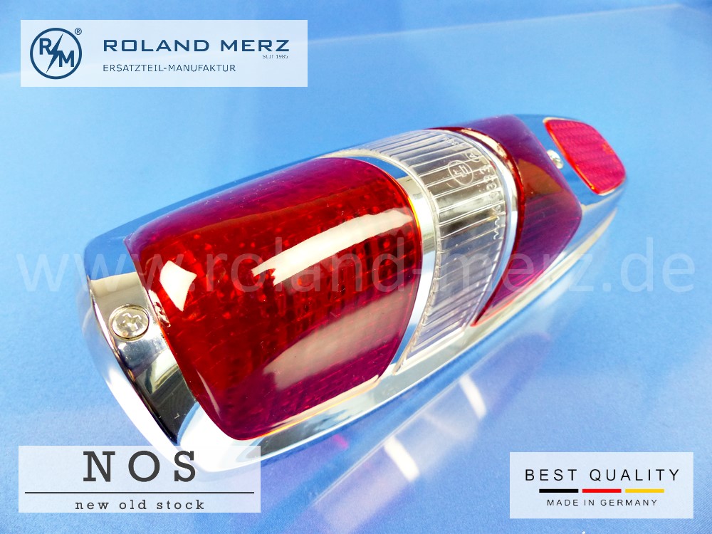 120 826 00 52 Rücklichtdeckel Originalausführung in Metall rot-weiß-rot für Mercedes 180b,c, Db, Dc, 190b, Db