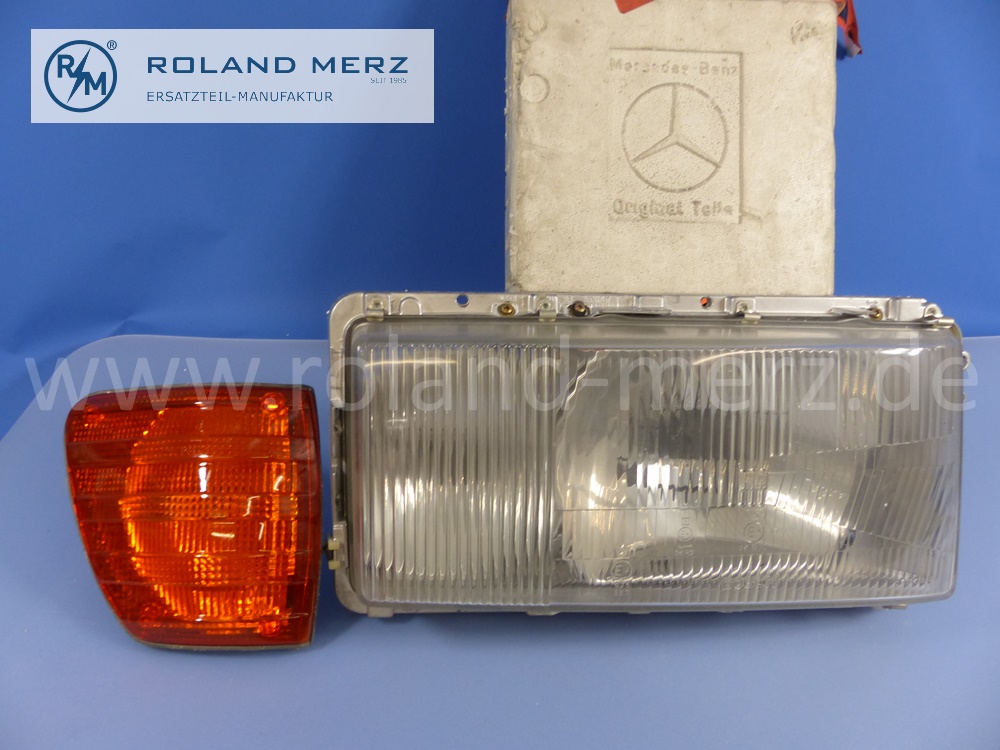 1168205861 Bosch Leuchteinheit, Scheinwerfer, H4, rechts, Leuchtweitenregulierung, mit Blinkleuchte, Rechtsverkehr, Mercedes W116, Original Mercedes Neuteil, NOS 