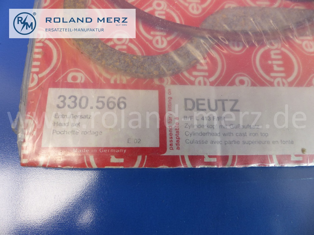 330.566 Entrußersatz Deutz, Motor B/F L 413 F/FR, Zylinderkopf mit Gussaufsatz, original Elring Neuteil, NOS 