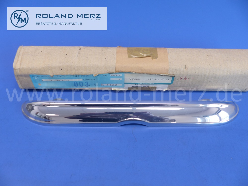 1118265552 Abdeckung, Gehäuse Kennzeichenbeleuchtung, massiv verchromt, Mercedes W108, W109, W111, W112, Original Mercedes Neuteil, NOS 