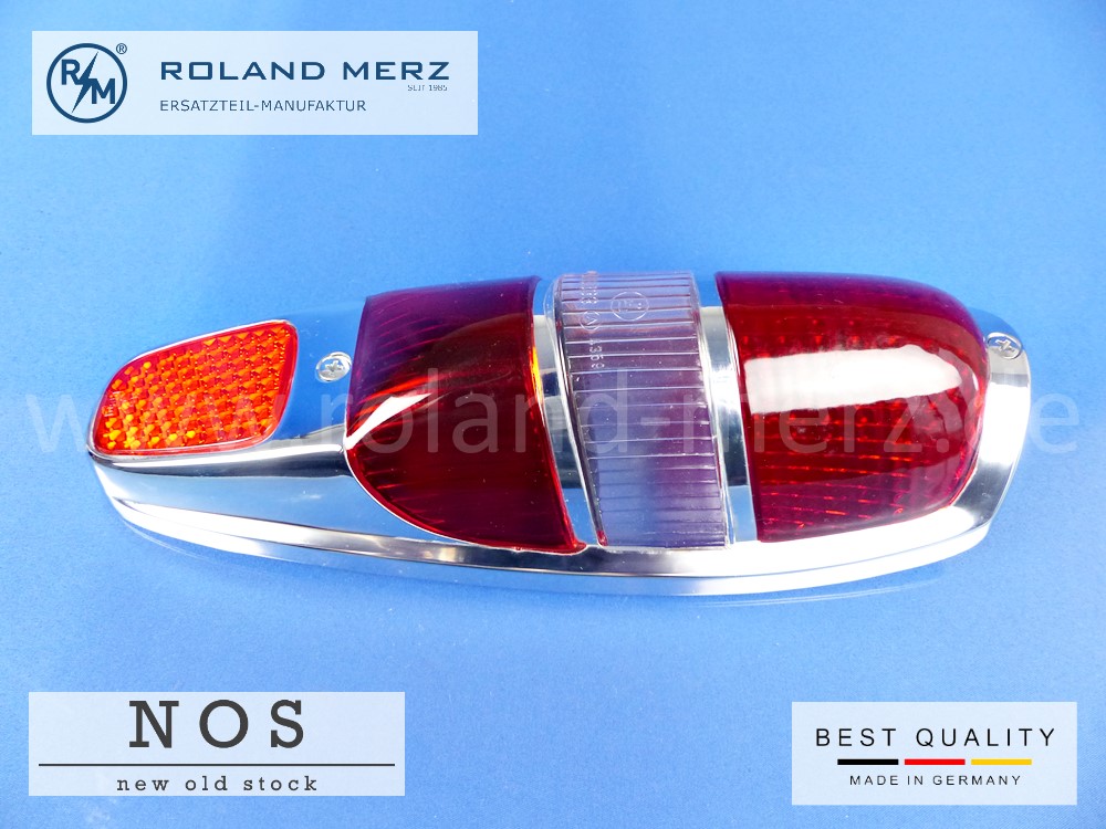 120 826 00 52 Rücklichtdeckel Originalausführung in Metall rot-weiß-rot für Mercedes 180b,c, Db, Dc, 190b, Db