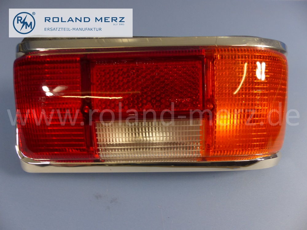 1158202664 Schlussleuchte, Heckleuchte, Rückleuchte, rechts, ältere Ausführung, mit Chromrahmen, Mercedes W114, W115, Strich 8, Original Mercedes Neuteil, NOS 