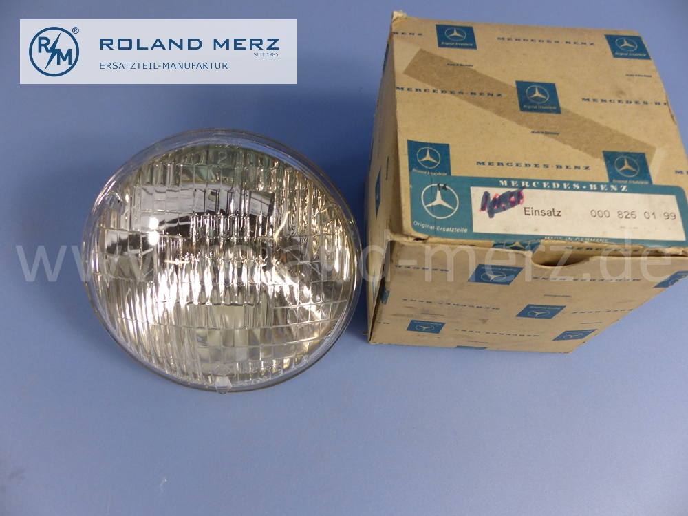 0008260199 General Electric beam unit, sealed beam, Halogen, left and right, Type 1, right hand traffic, Mercedes W107, W108, W109, W111, W112, W116, original Mercedes spare-part, NOS