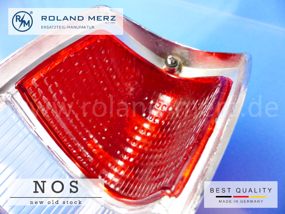 120 826 00 52 Rücklichtdeckel Originalausführung in Metall rot-weiß-rot für Mercedes 180b,c, Db, Dc, 190b, Db