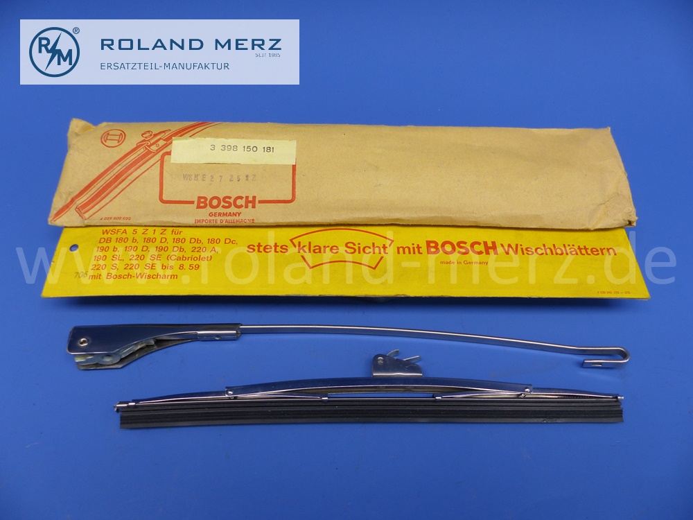 3398150181 Bosch Set Wischerarm mit Wischerblatt, Mercedes Ponton 180, 180a, 180b, 180c, 180Db, 180Dc, 190, 190b, 190D, 190Db, 220A, 190SL, 220S, 220SE bis 8. 59, Original Bosch Neuteil, NOS