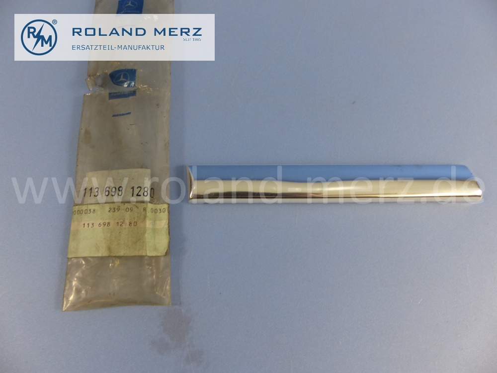 1136981280 Zierstab, Zierleiste, rechts, zwischen Tür und Hinterrad, Mercedes W113, Pagode, 230SL, 250SL, 280SL, Länge 185mm, Original Mercedes Neuteil, NOS