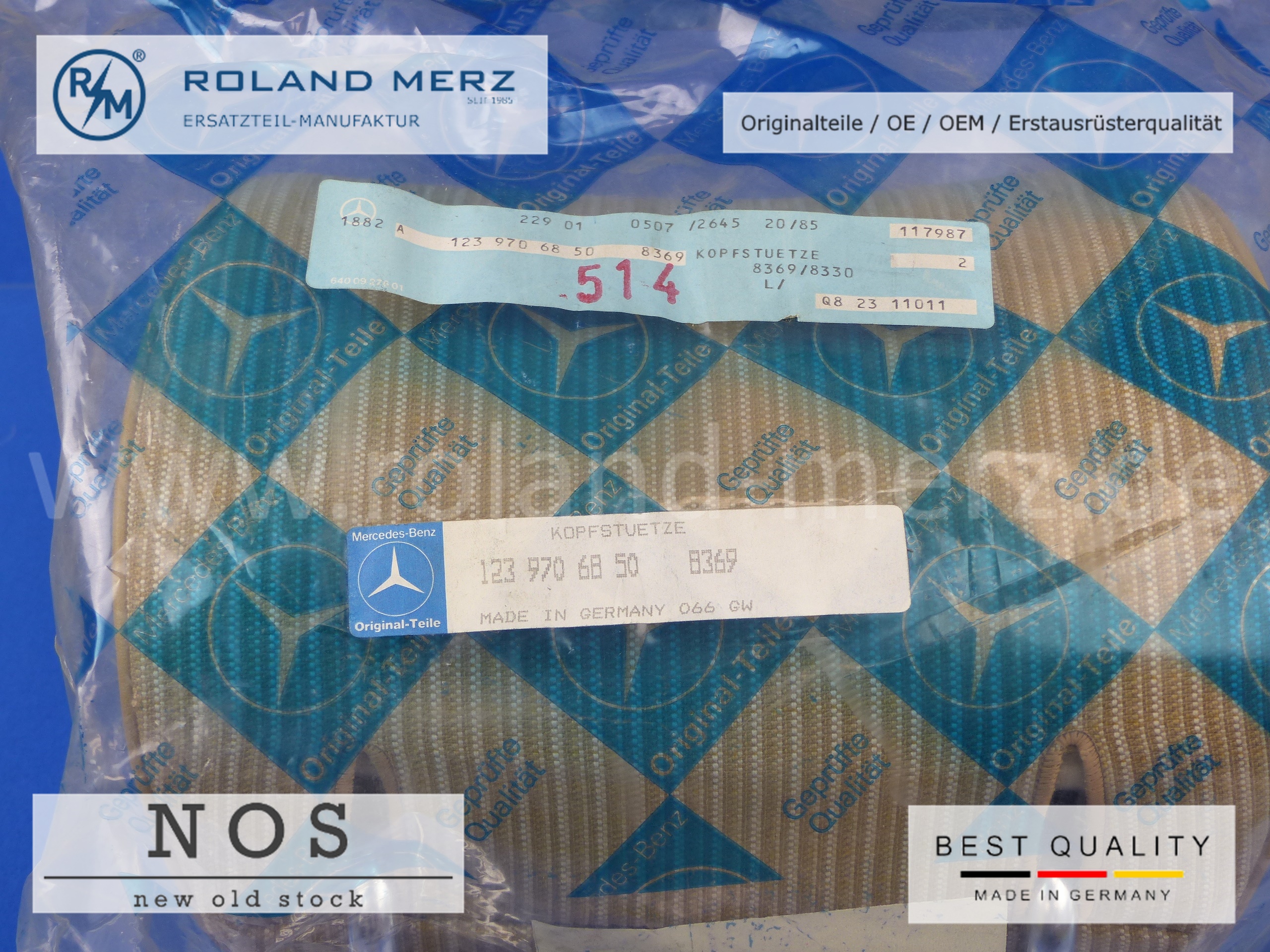 P1170093 Mercedes headrest rear, fabric cream 8369, Mercedes W123, Mercedes A123 970 68 50