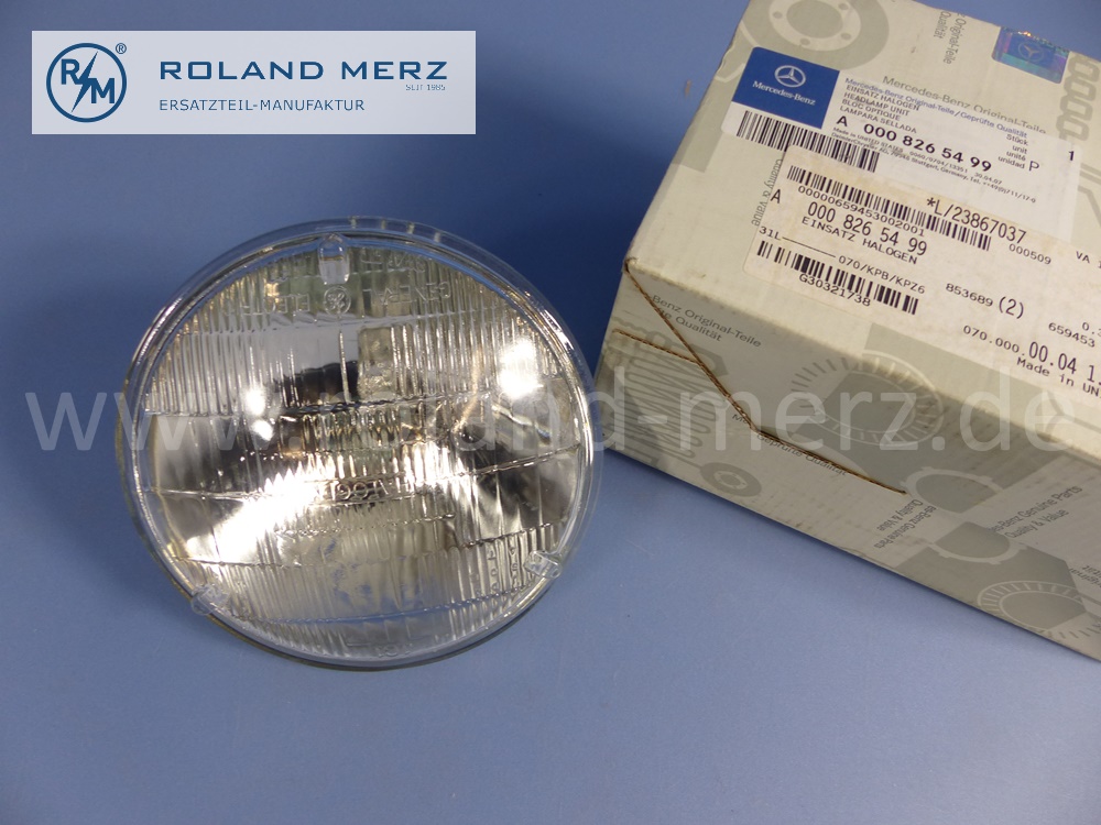 0008265499 General Electric beam unit, sealed beam, Halogen, left and right, Type 1, right hand traffic, Mercedes W107, W108, W109, W111, W112, W116, original Mercedes spare-part, NOS