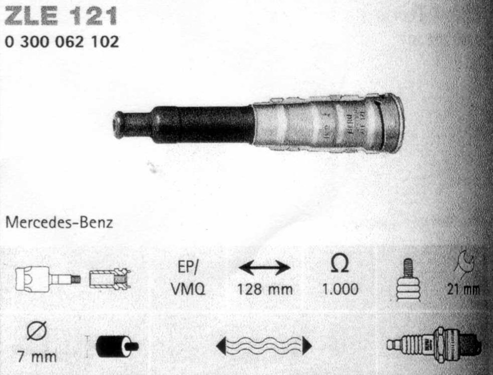 ZLE121 Beru Zündkerzenstecker entstört 1K Ohm , ZLE 121, Bosch 0 300 062 102, 0300062102 für Mercedes mit M3 Gewinde, Länge 128 mm
