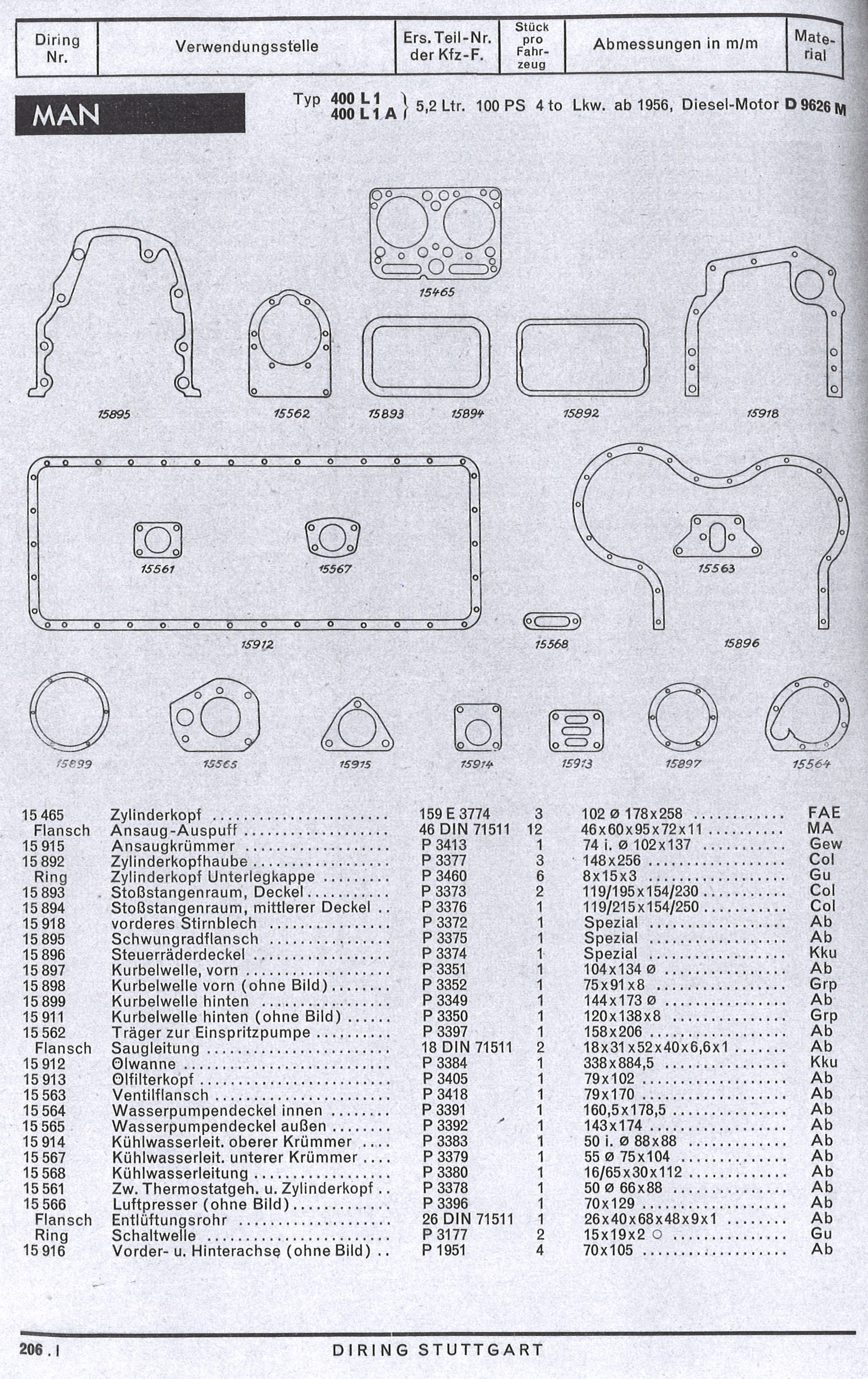 0-15465-01 Elring Motor Dichtsatz für MAN Typ 400 L1 und 400 L1 A (D9626 M) ab 1956