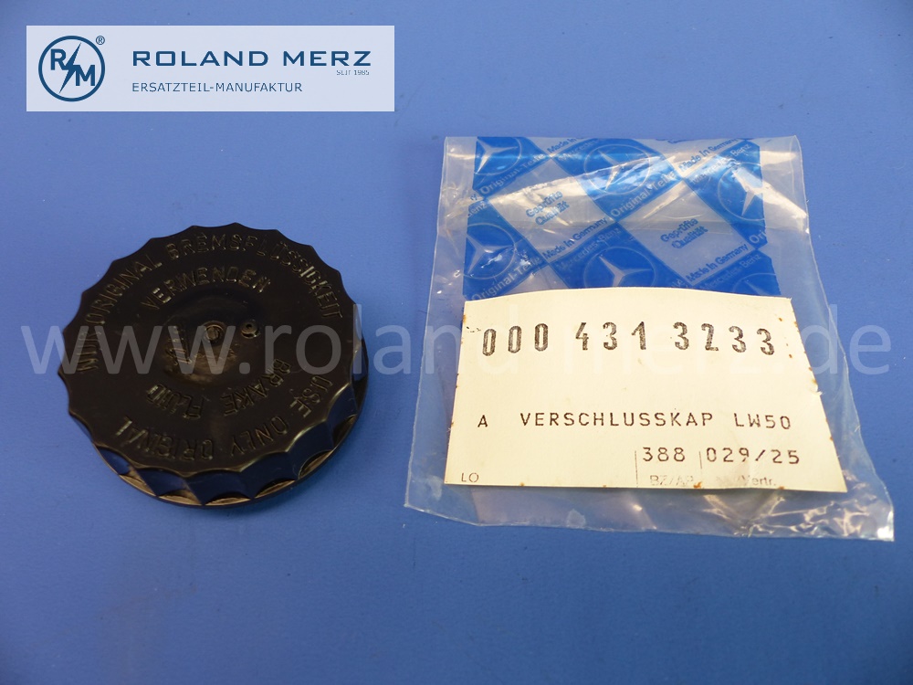 0004313233 Behälterverschraubung, Verschlusskappe, Verschlussdeckel Bremsflüssigkeitsbehälter für Mercedes Ponton, 190SL, 250SL usw., ATE Originalausführung schwarz mit Belüftung und Dichtung, ( E 0004315133 ), Original Mercedes Neuteil, NOS 