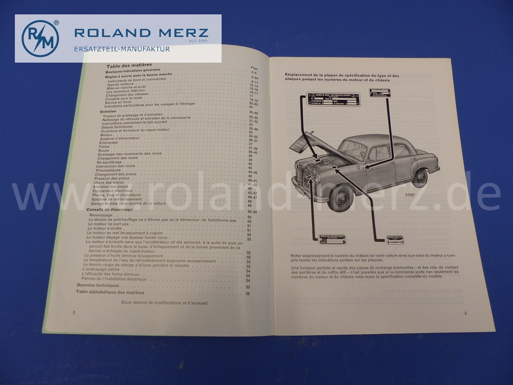 Betriebsanleitung, Bedienungsanleitung, französisch, Mercedes W121, 190Db Ponton, Ausgabe 08/1960, Edition B, 56 Seiten, neuwertiges Mercedes Original Dokument, NOS 